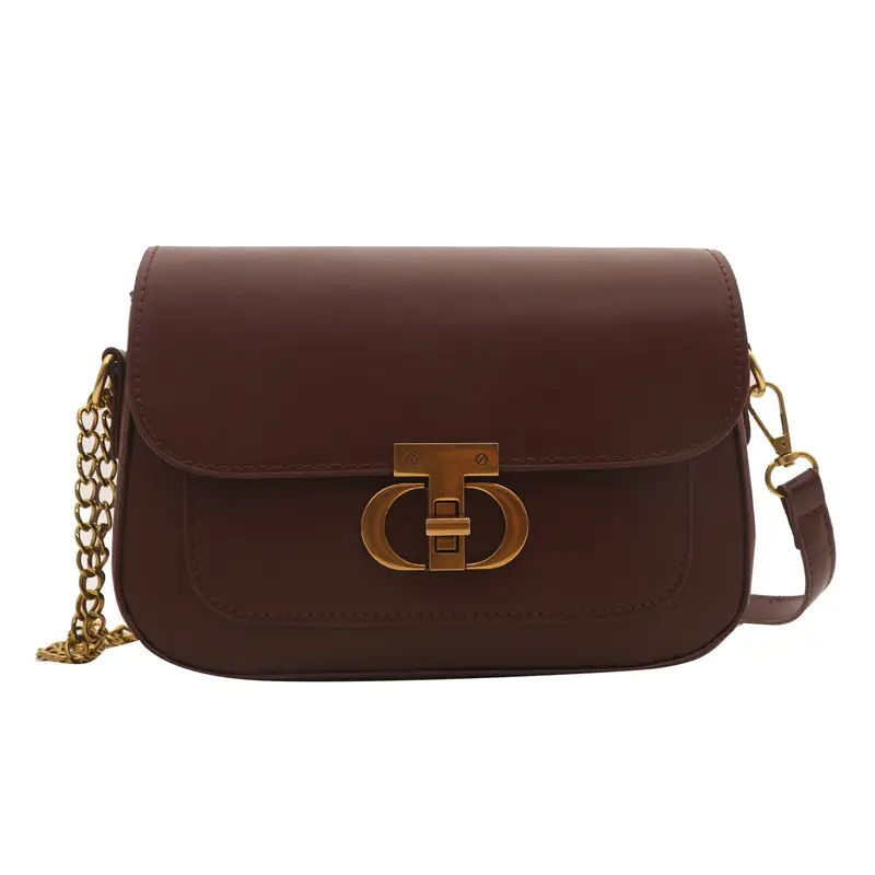 Korean Style Saddle Bag Women Brown Gold Logo - Image 6