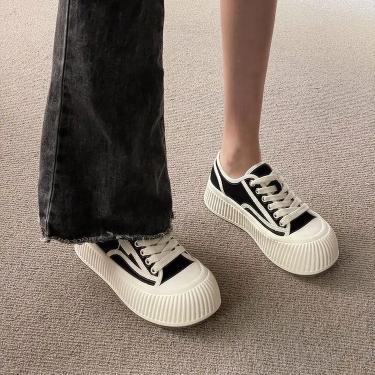 Chanel style low-top canvas shoes for women 2024 spring new lace-up round toe thick bottom comfortable all-match single-layer shoes fashion shoes - Image 5