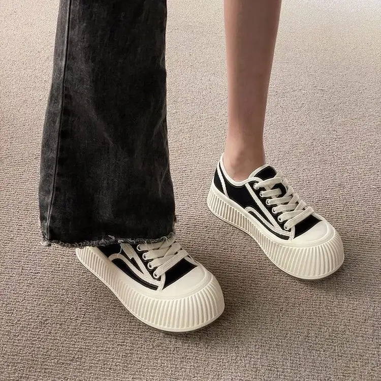 Chanel style low-top canvas shoes for women 2024 spring new lace-up round toe thick bottom comfortable all-match single-layer shoes fashion shoes — feature 7