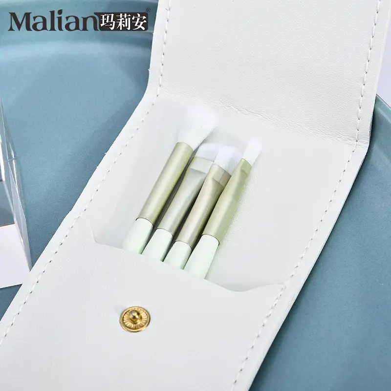 Five-Piece Wooden Makeup Brush Set with Leather Case - Image 5