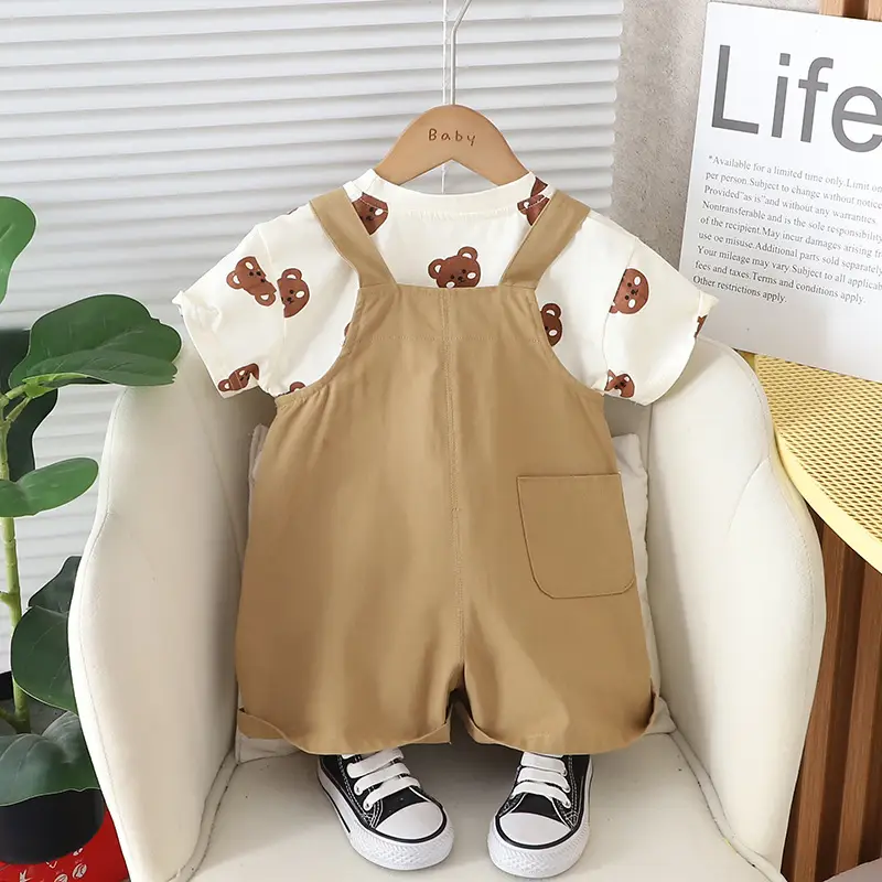 Yihao Boys' Printed T-Shirt & Overalls Suit Brown - Image 3