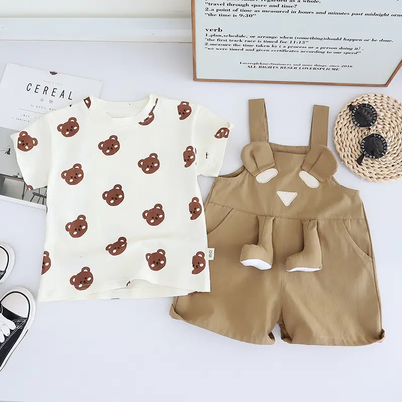 Yihao Boys' Printed T-Shirt & Overalls Suit Brown - Image 4