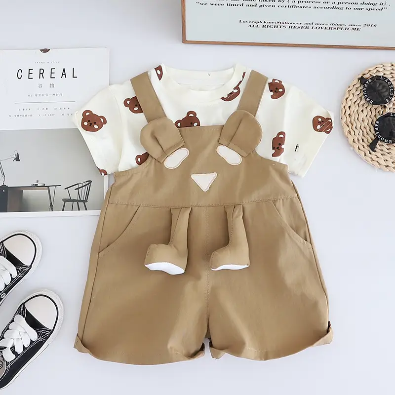Yihao Boys' Printed T-Shirt & Overalls Suit Brown - Image 5
