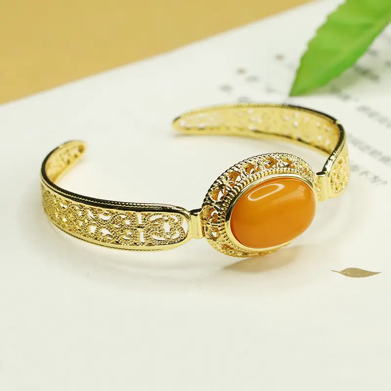 Aiyu Natural Amber Bangle Bracelet Gold Plated - Image 2