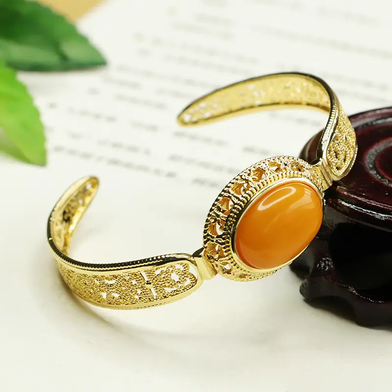 Aiyu Natural Amber Bangle Bracelet Gold Plated - Image 3