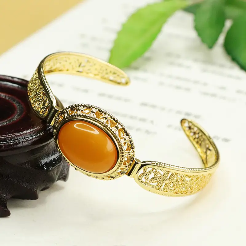 Aiyu Natural Amber Bangle Bracelet Gold Plated - Image 4
