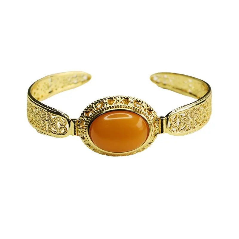 Aiyu Natural Amber Bangle Bracelet Gold Plated - Image 5