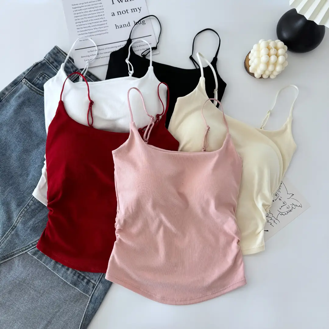 Pure desire versatile small sling design pleated sexy camisole women's inner and outer wear slimming top with chest pad — feature 1