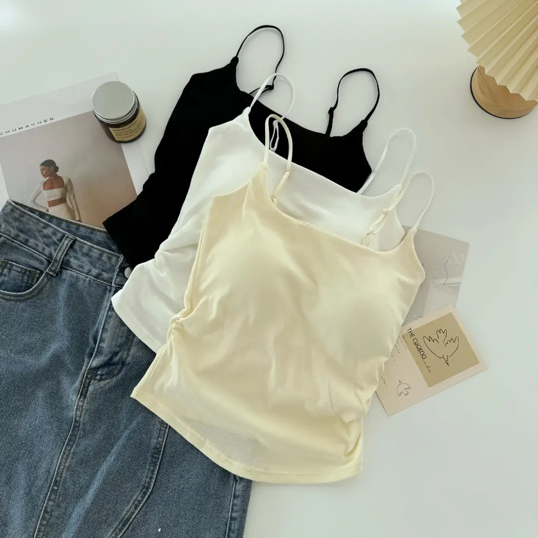 Pure desire versatile small sling design pleated sexy camisole women's inner and outer wear slimming top with chest pad — feature 26