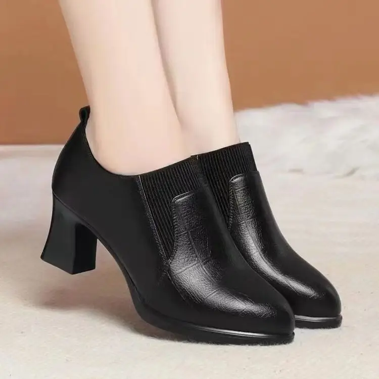 Elegant Chunky Heel Soft-Soled High-Heeled Women's Shoes, 2024 Spring New Style Deep-Cut Single Shoes, Elastic Band Single Shoes for Mothers - Image 4