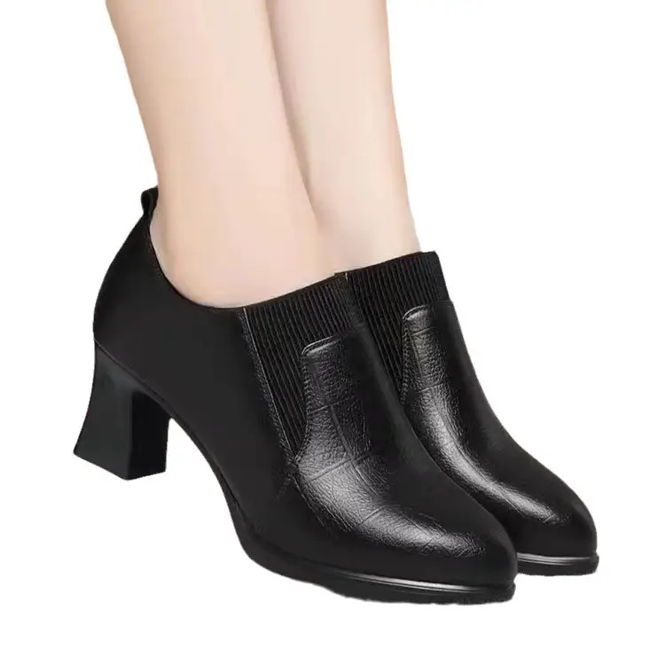 Elegant Chunky Heel Soft-Soled High-Heeled Women's Shoes, 2024 Spring New Style Deep-Cut Single Shoes, Elastic Band Single Shoes for Mothers - Image 7