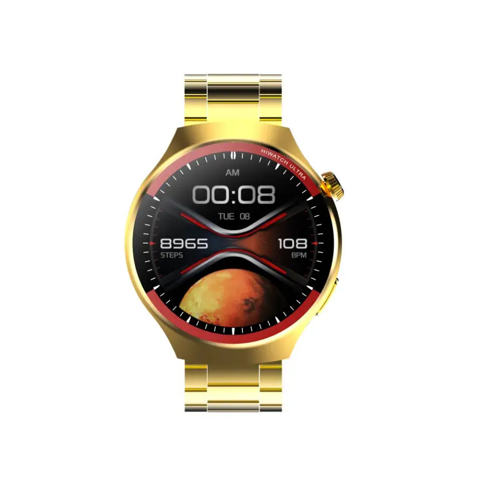 HiWatch Ultra GS Smart Watch Gold Leather Strap Wireless Charging