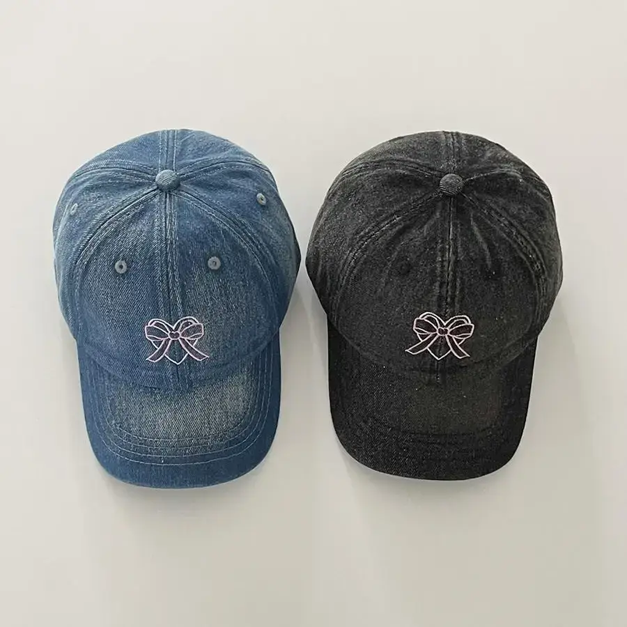 Women Denim Bow Cap Set Blue Black Wide Brim - Image 5