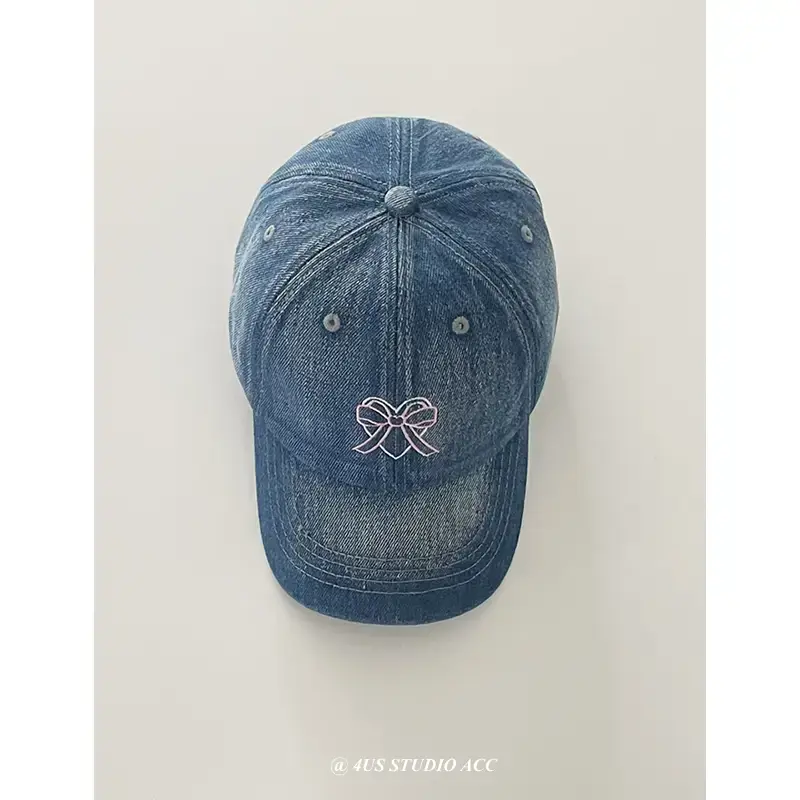 Women Denim Bow Cap Set Blue Black Wide Brim - Image 3