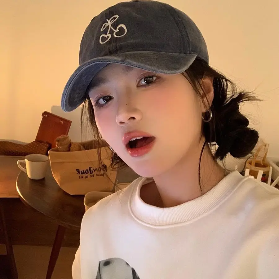 Women Cherry Embroidered Baseball Caps 2024 Light Blue Black - Image 10