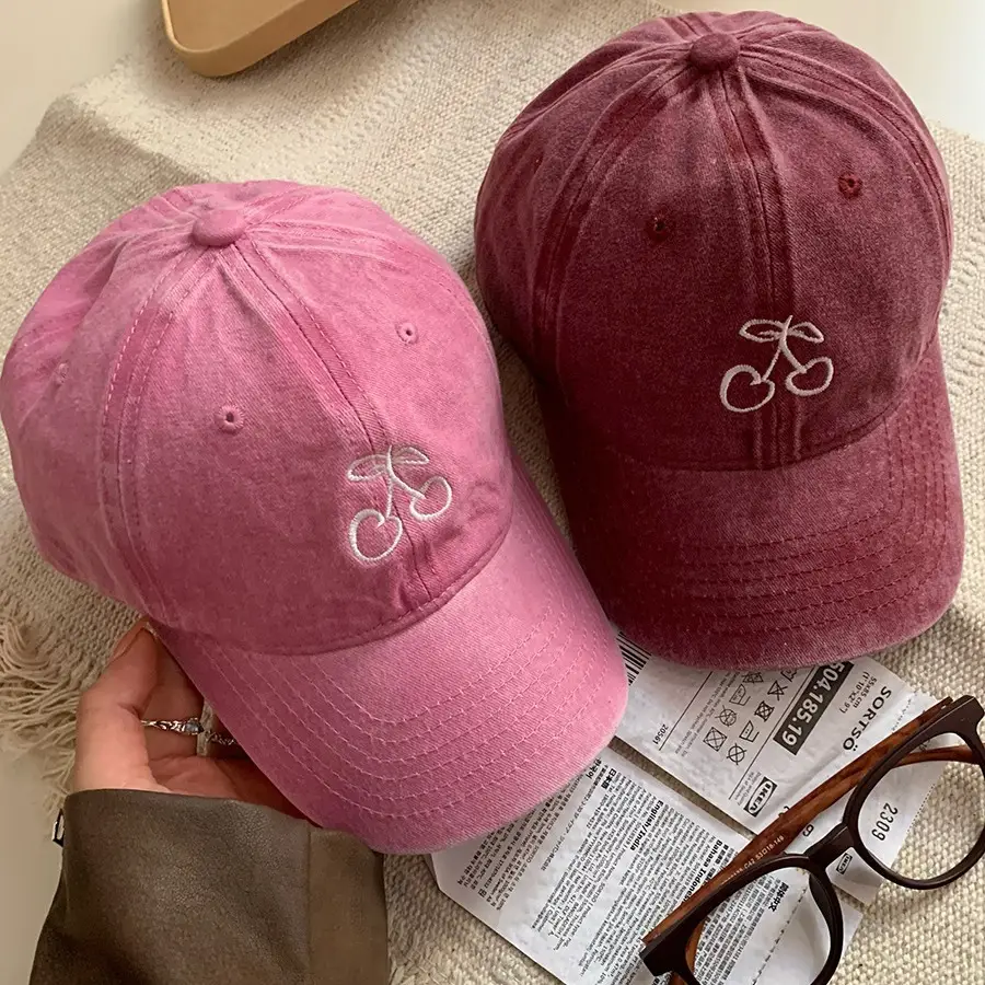 Women Cherry Embroidered Baseball Caps 2024 Light Blue Black - Image 11
