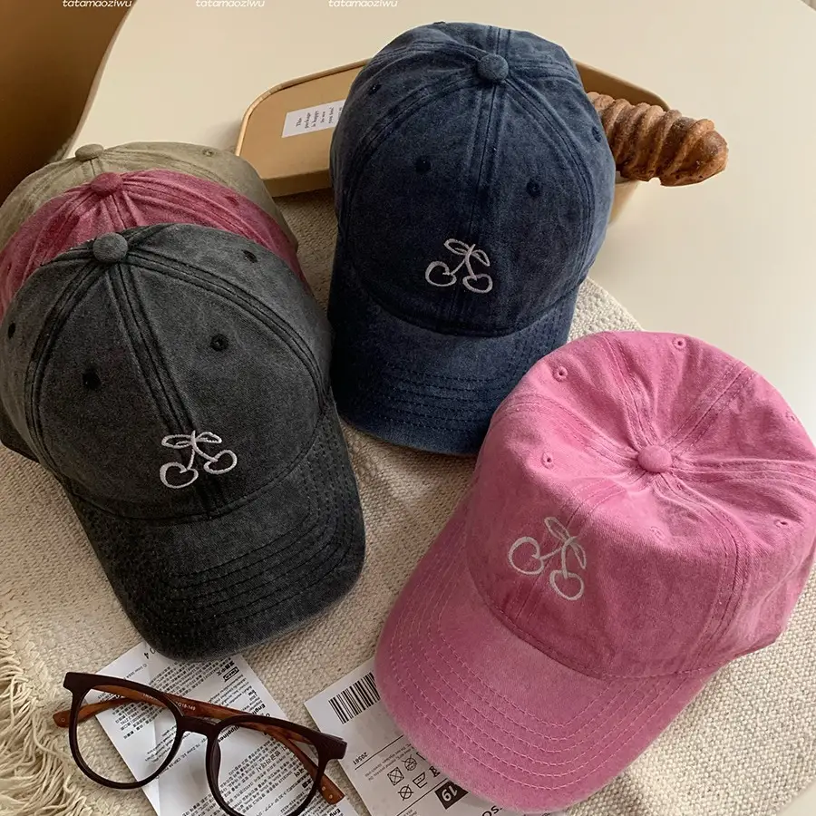Women Cherry Embroidered Baseball Caps 2024 Light Blue Black - Image 12
