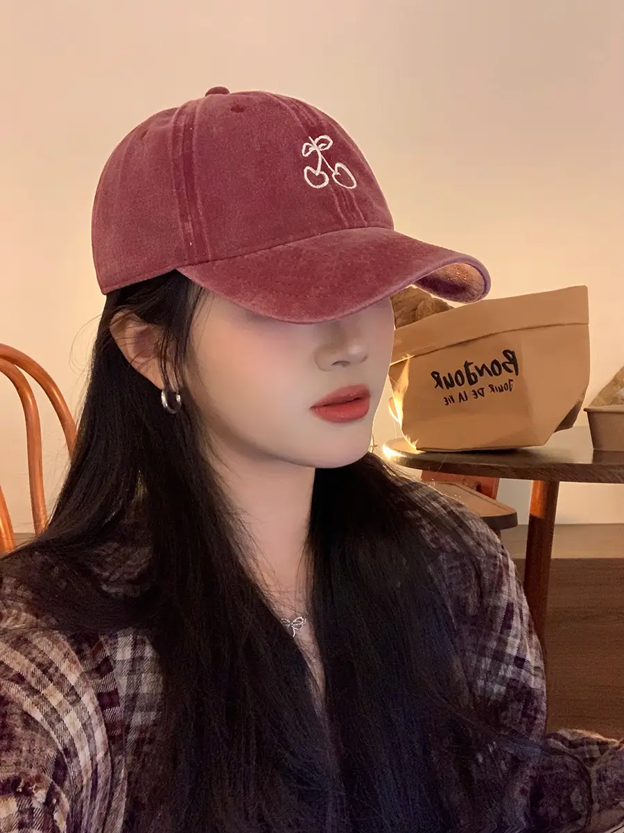 Women Cherry Embroidered Baseball Caps 2024 Light Blue Black - Image 2