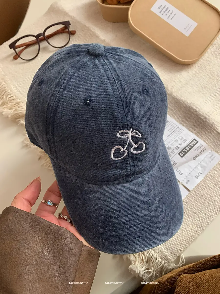 Women Cherry Embroidered Baseball Caps 2024 Light Blue Black - Image 4