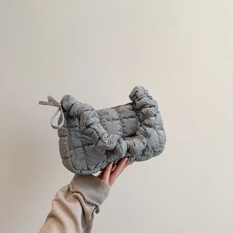 Grey Pleated Shoulder Bag for Women 2024 Spring - Image 3