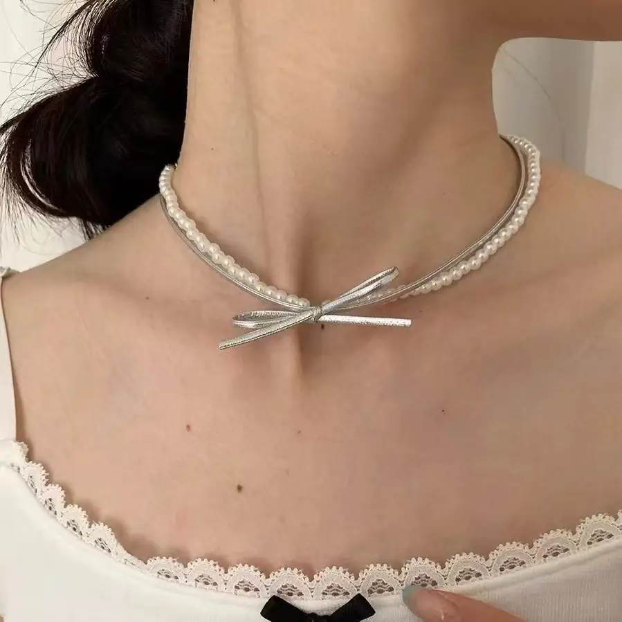 French Style Pearl Bow Necklace for Women - Image 6
