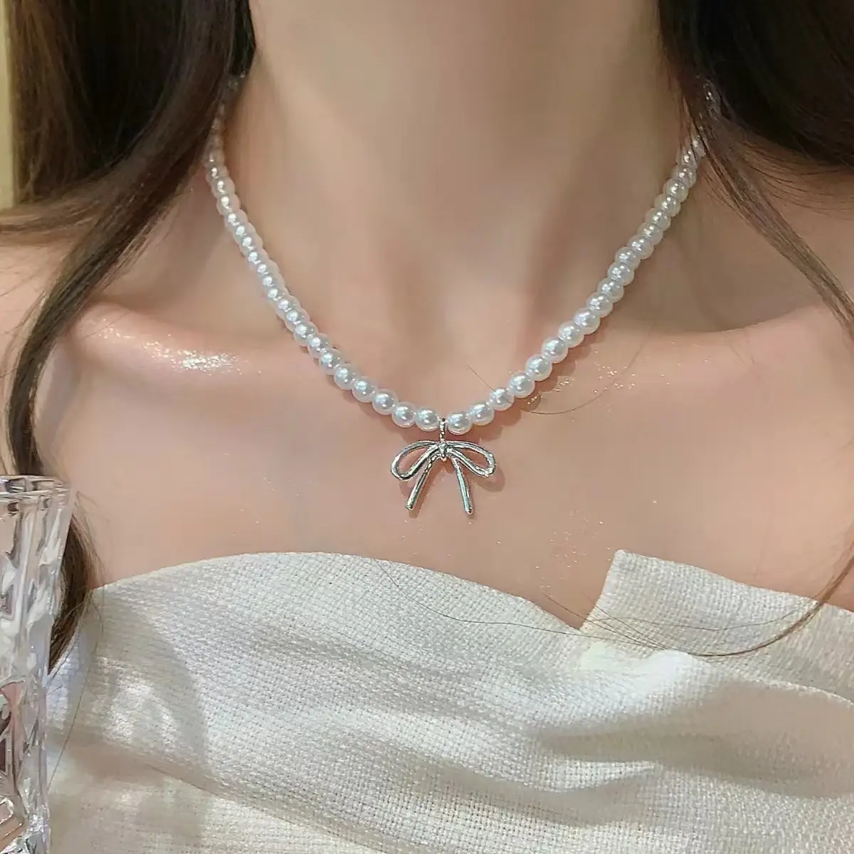 French Style Pearl Bow Necklace for Women - Image 7