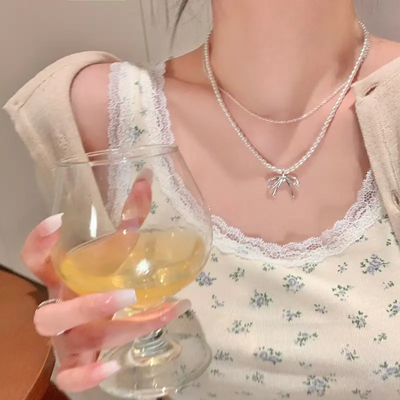 French Style Pearl Bow Necklace for Women - Image 8