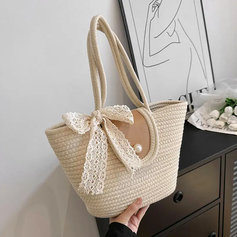 Japanese Style Straw Bucket Bag with Lace Bow - Image 3