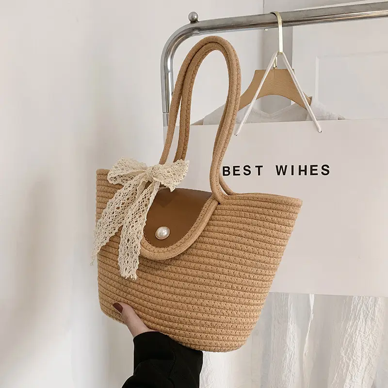 Japanese Style Straw Bucket Bag with Lace Bow - Image 4