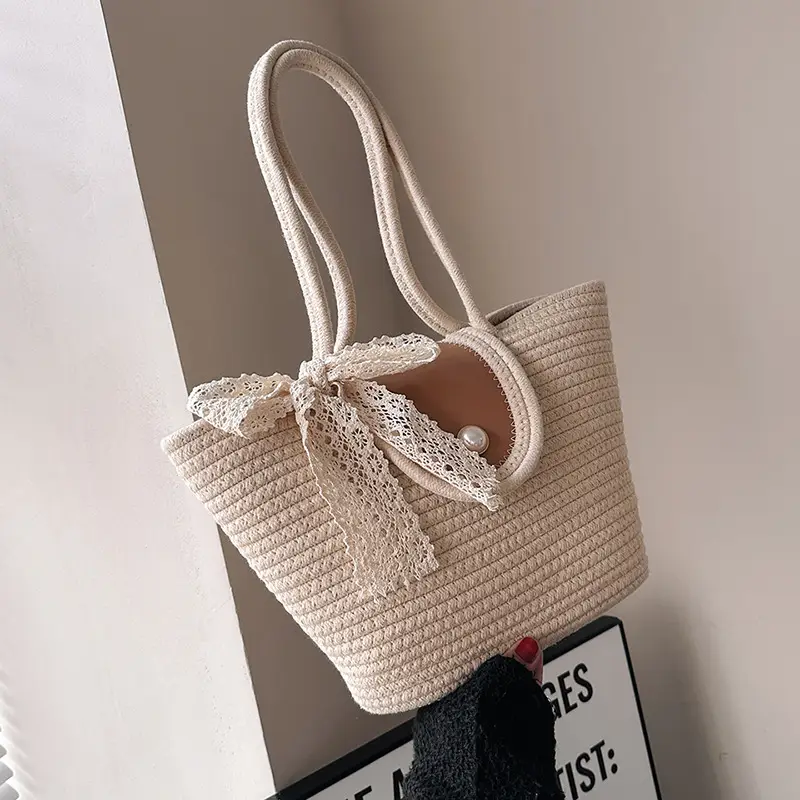 Japanese Style Straw Bucket Bag with Lace Bow - Image 5