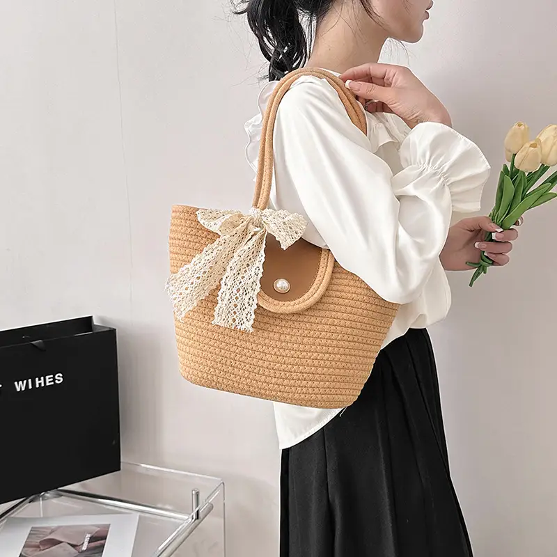 Japanese Style Straw Bucket Bag with Lace Bow - Image 6