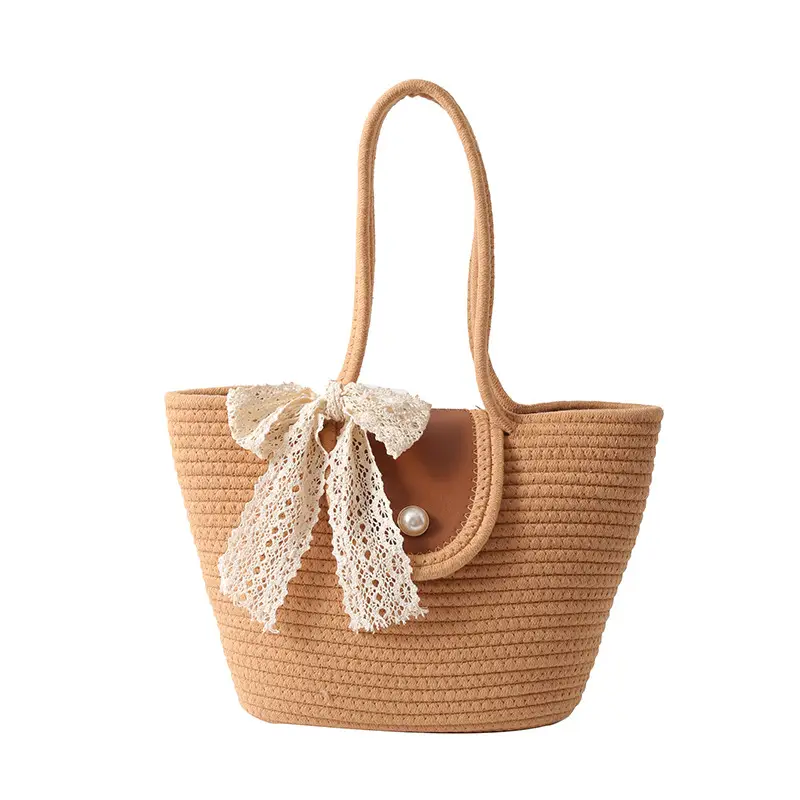 Japanese Style Straw Bucket Bag with Lace Bow - Image 7