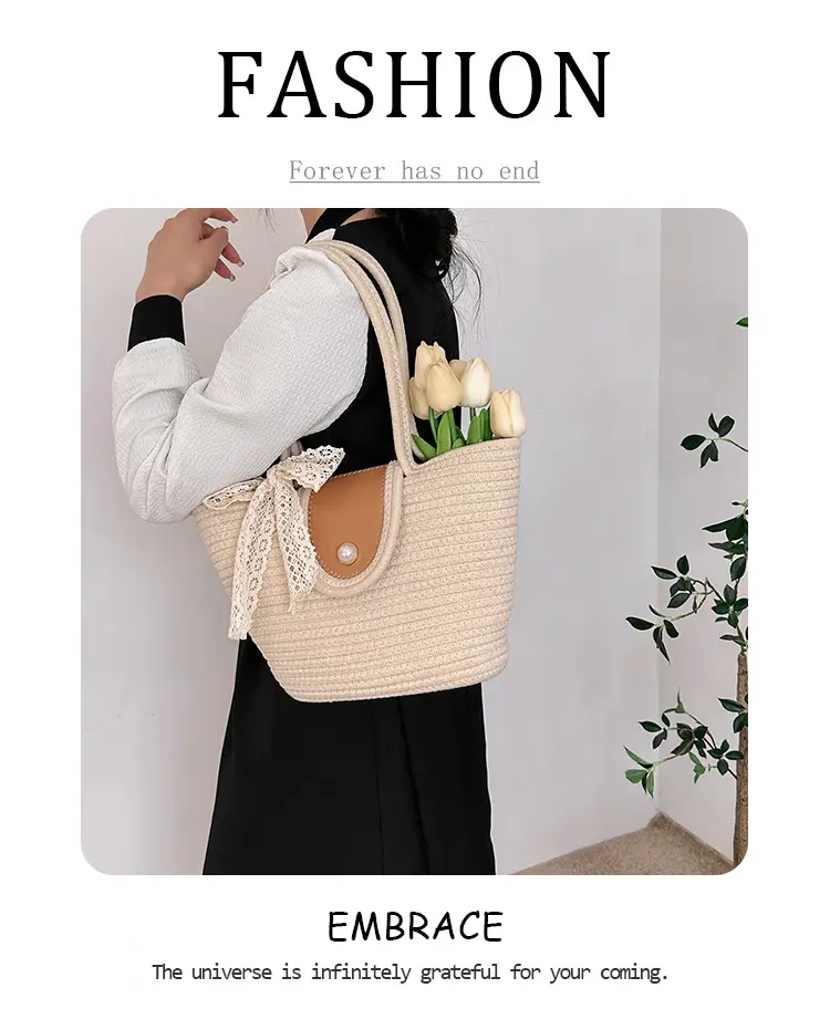 Japanese Style Straw Bucket Bag with Lace Bow — feature 1