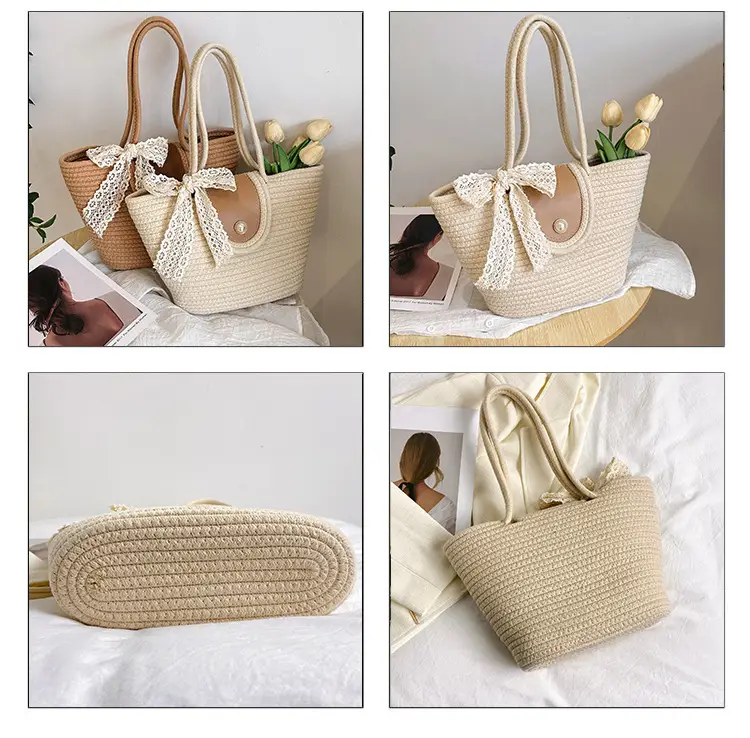 Japanese Style Straw Bucket Bag with Lace Bow — feature 10
