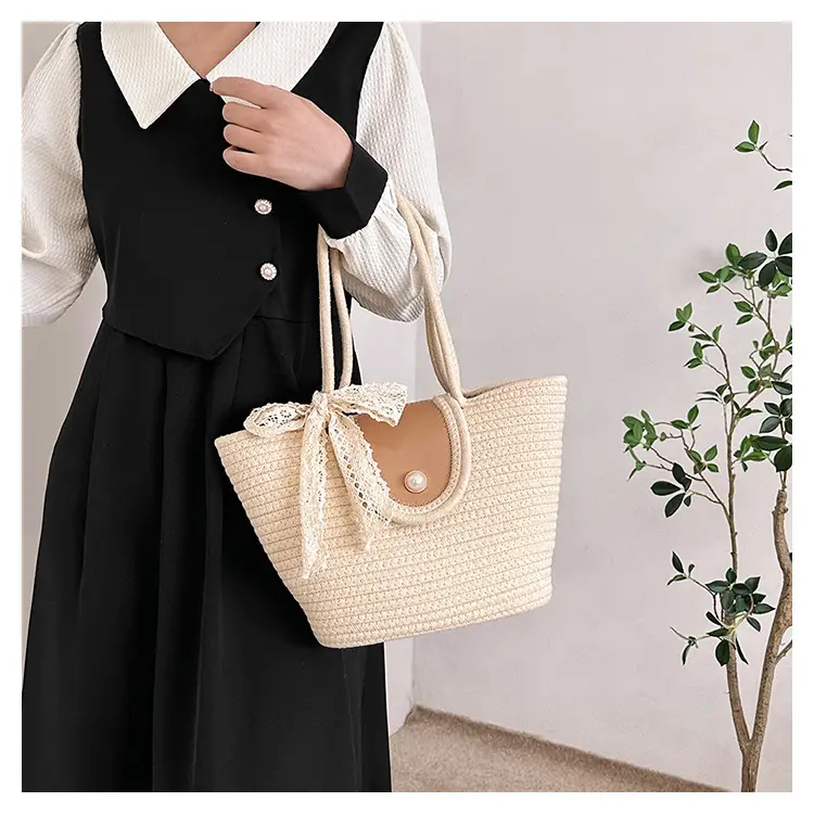 Japanese Style Straw Bucket Bag with Lace Bow — feature 11