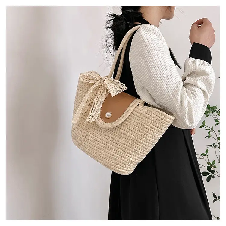 Japanese Style Straw Bucket Bag with Lace Bow — feature 12