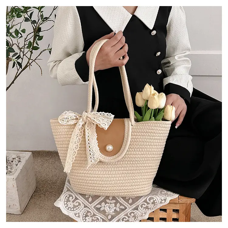 Japanese Style Straw Bucket Bag with Lace Bow — feature 13