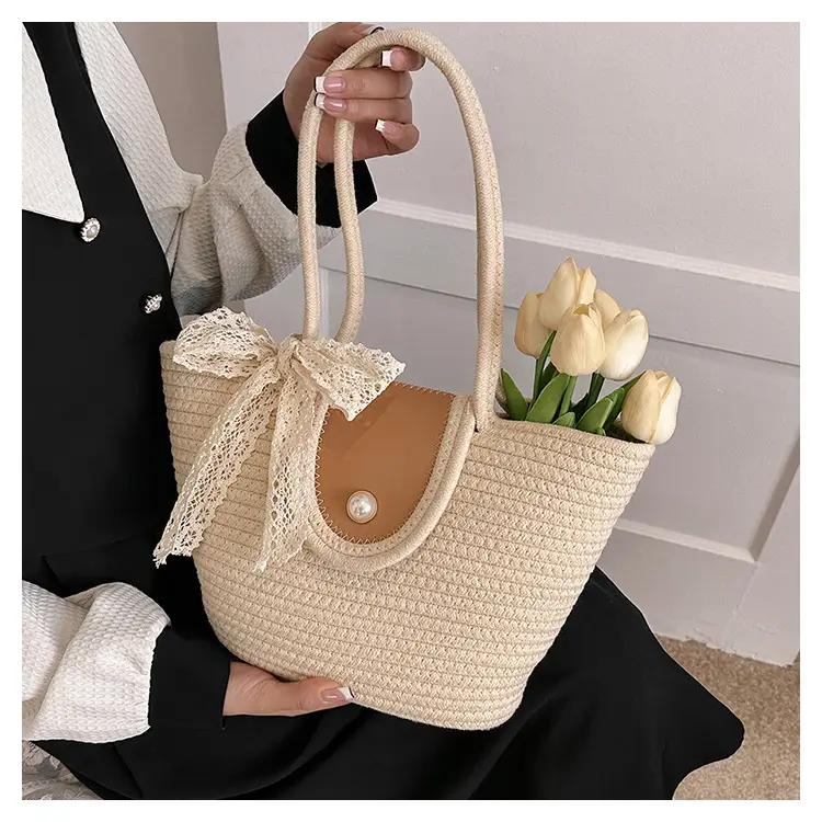 Japanese Style Straw Bucket Bag with Lace Bow — feature 14