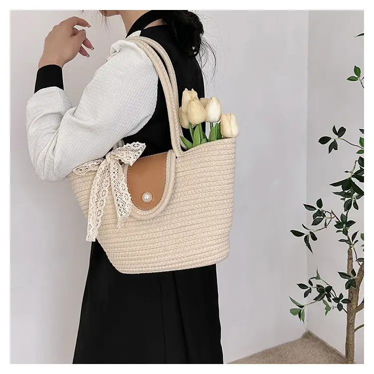 Japanese Style Straw Bucket Bag with Lace Bow — feature 15