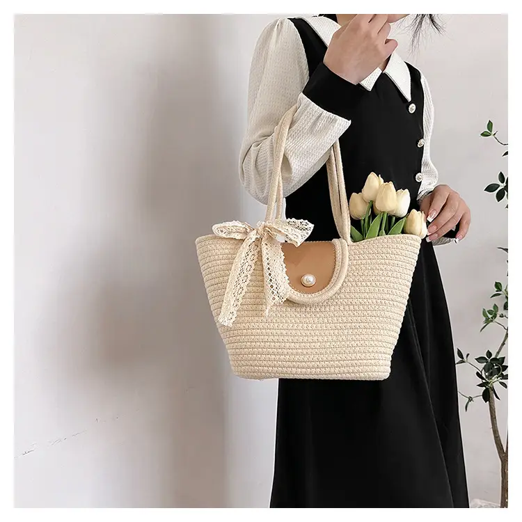 Japanese Style Straw Bucket Bag with Lace Bow — feature 16