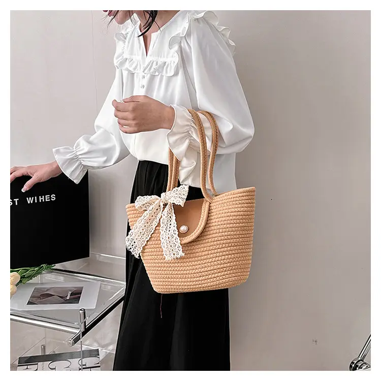 Japanese Style Straw Bucket Bag with Lace Bow — feature 17