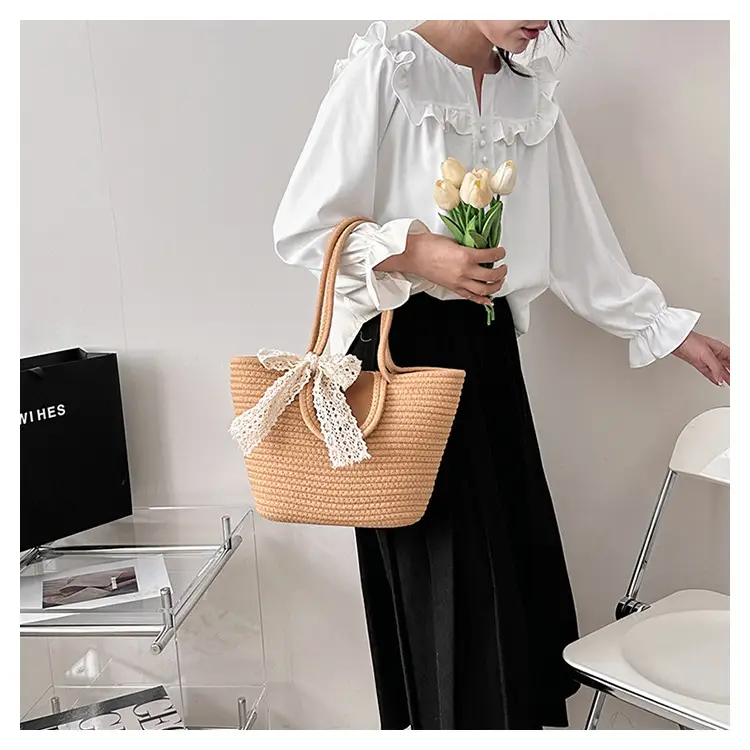 Japanese Style Straw Bucket Bag with Lace Bow — feature 18