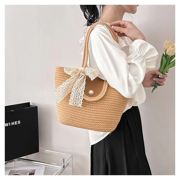 Japanese Style Straw Bucket Bag with Lace Bow — feature 19