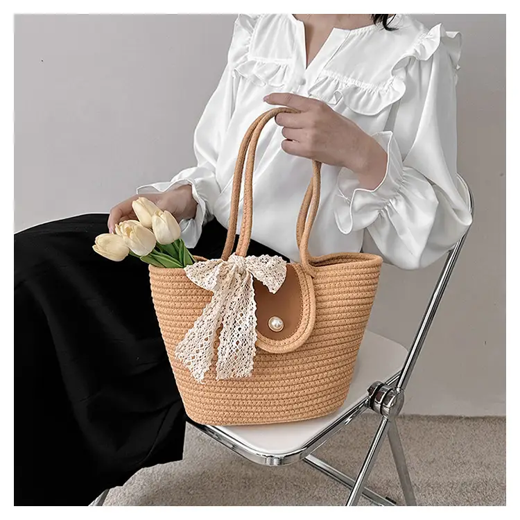 Japanese Style Straw Bucket Bag with Lace Bow — feature 20