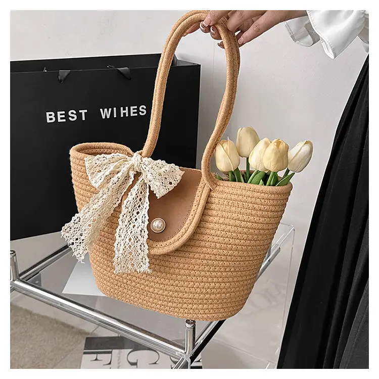 Japanese Style Straw Bucket Bag with Lace Bow — feature 21