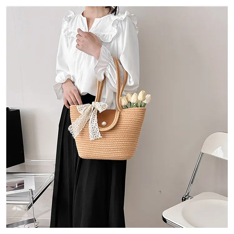 Japanese Style Straw Bucket Bag with Lace Bow — feature 22