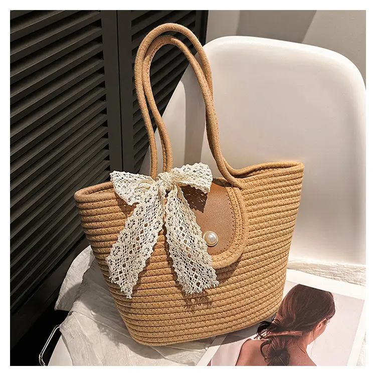 Japanese Style Straw Bucket Bag with Lace Bow — feature 23