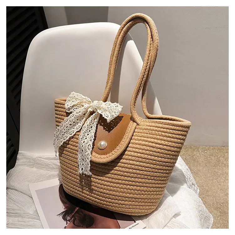 Japanese Style Straw Bucket Bag with Lace Bow — feature 24