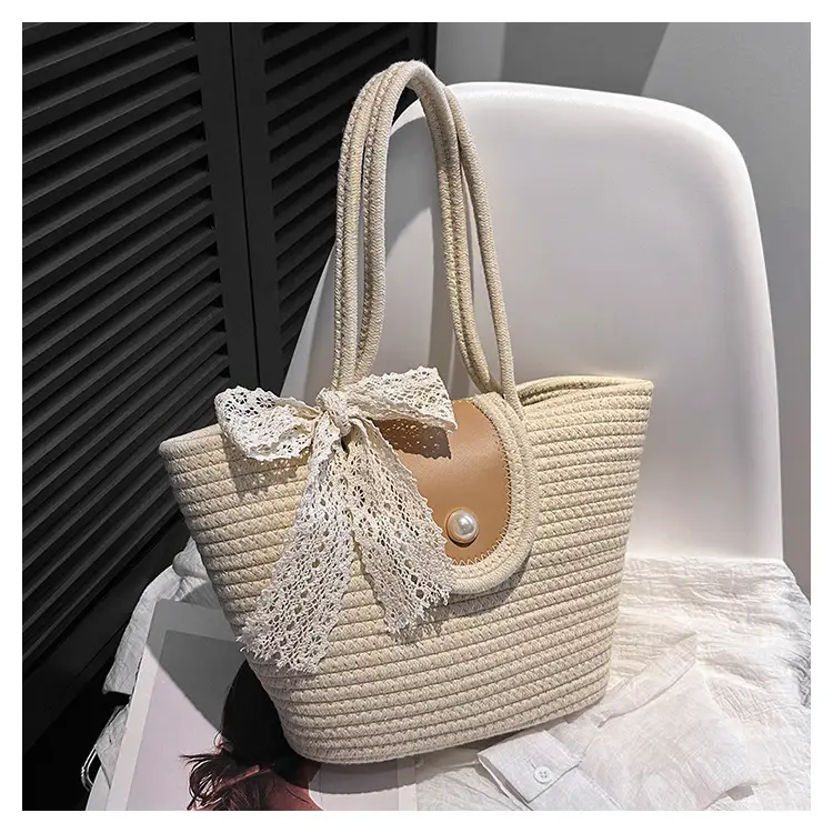 Japanese Style Straw Bucket Bag with Lace Bow — feature 25