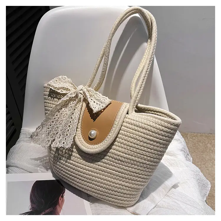 Japanese Style Straw Bucket Bag with Lace Bow — feature 26